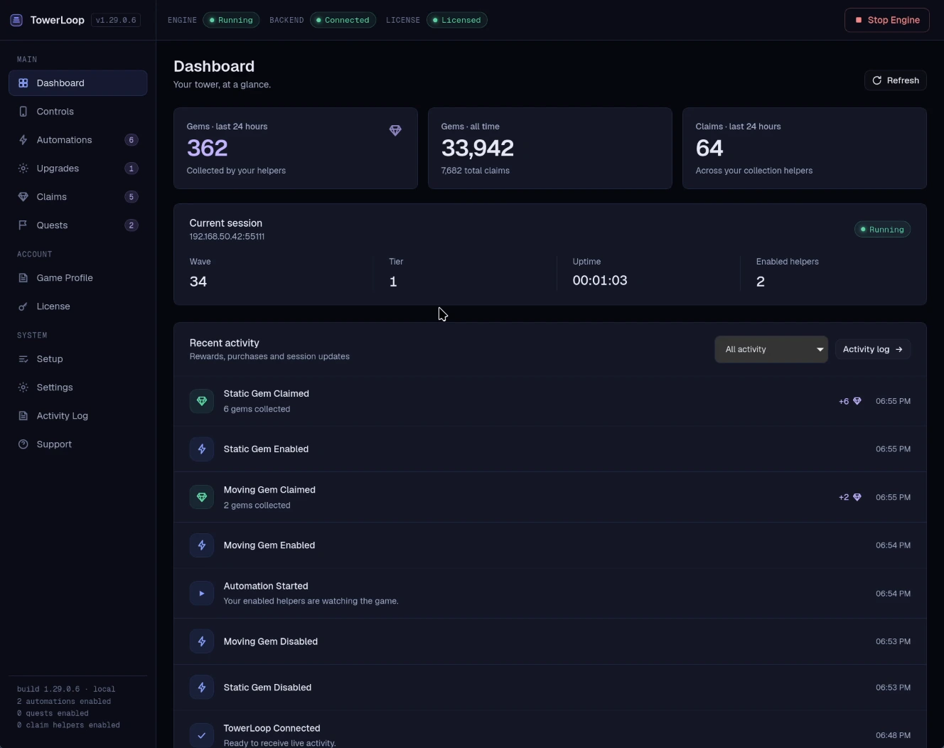 TowerLoop dashboard showing collected gems, reward claims, the current session, and recent helper activity.